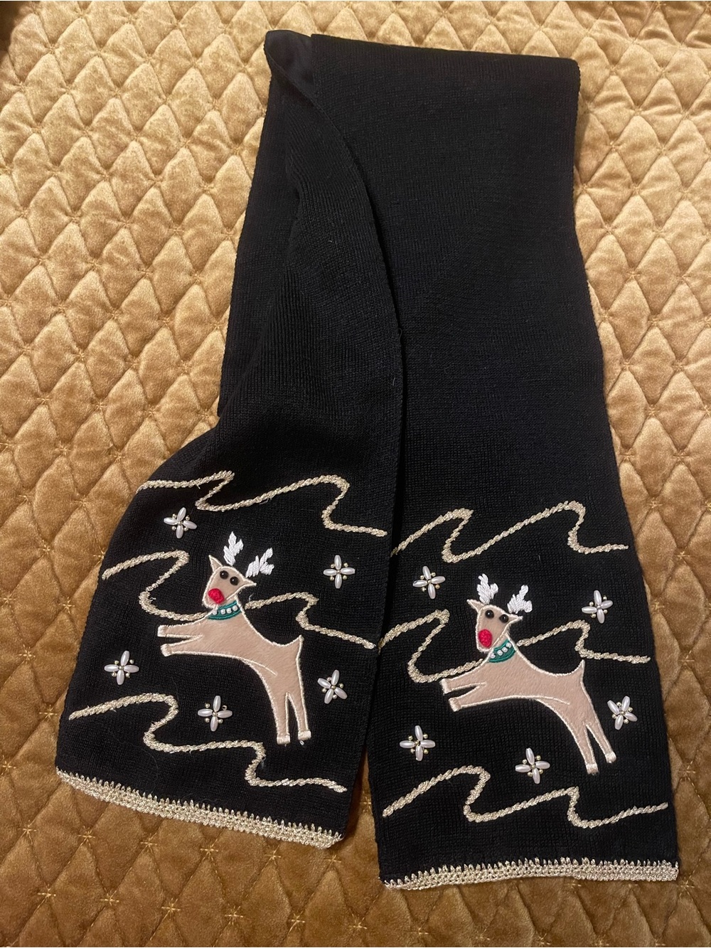 Black Reindeer Embroidered Scarf - Holiday Women Accessories